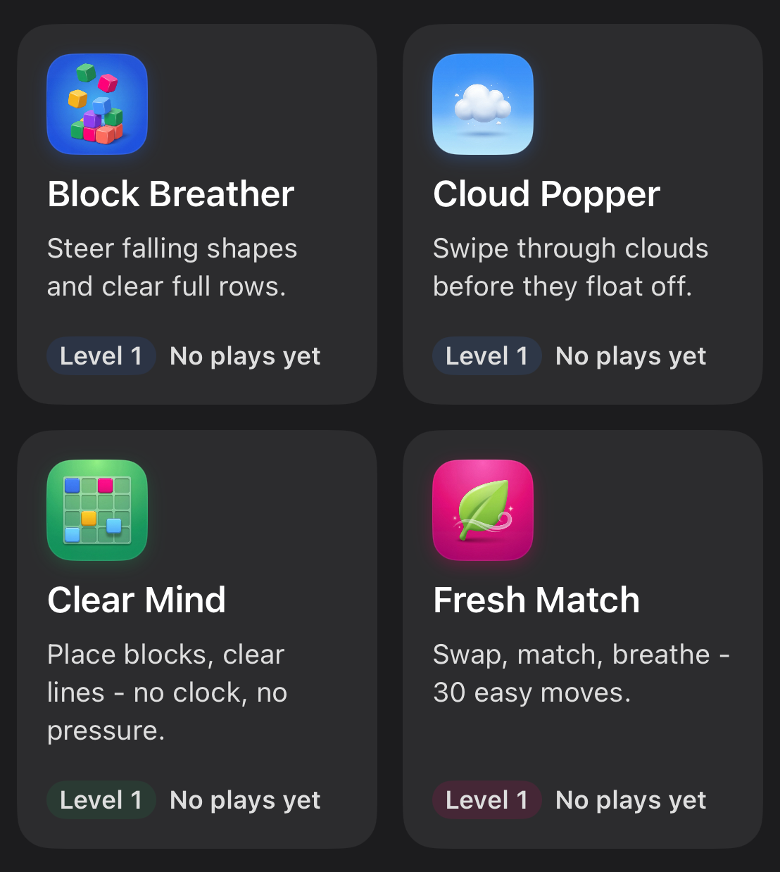 Puff Pacer's Arcade in dark mode: the same four mini-game cards