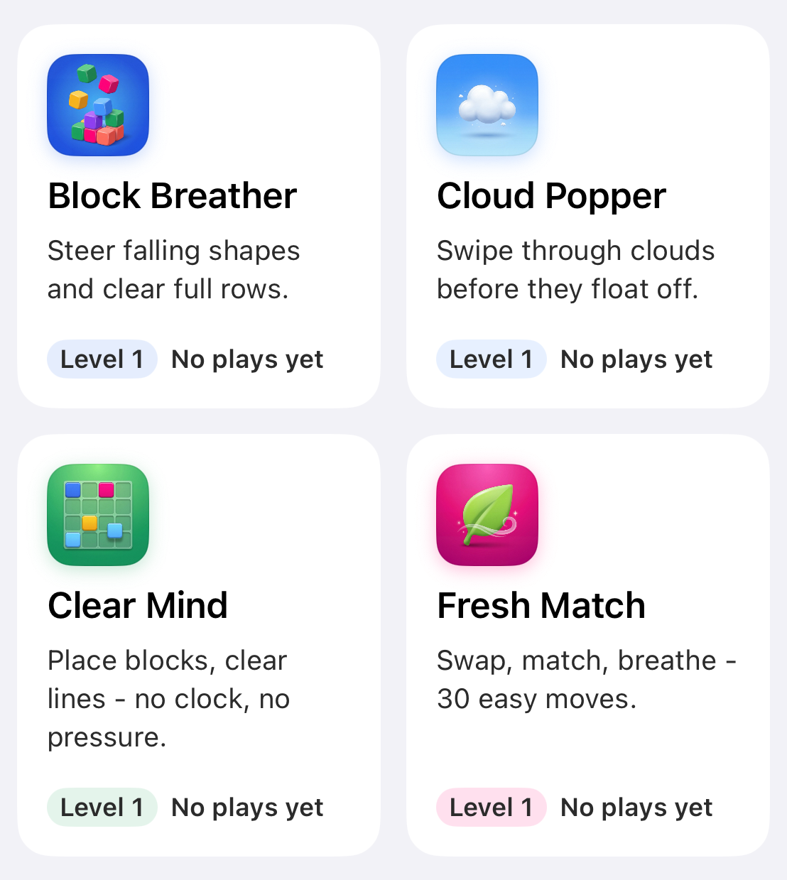 Puff Pacer's Arcade: four mini-game cards - Block Breather (steer falling shapes and clear full rows), Cloud Popper (swipe through clouds before they float off), Clear Mind (place blocks and clear lines with no clock and no pressure), and Fresh Match (swap and match in 30 easy moves)