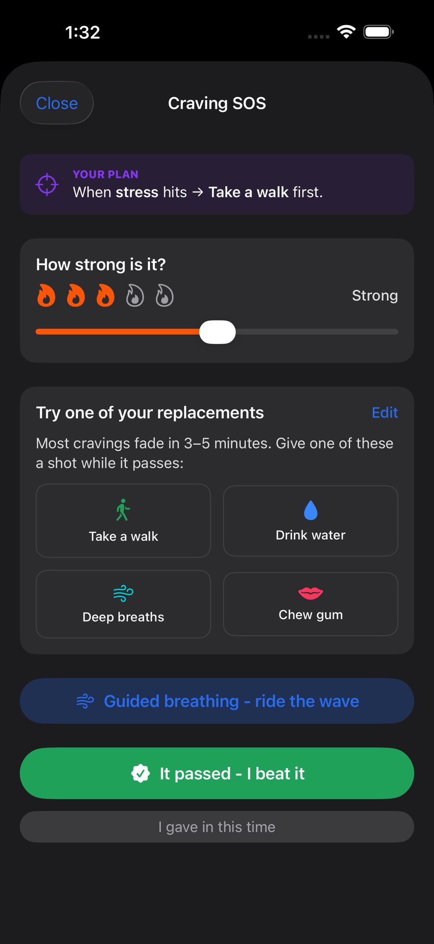 Puff Pacer Craving SOS screen - rate how strong the nicotine pouch craving is, beat it with a replacement like a walk, water, or deep breaths, and log the win