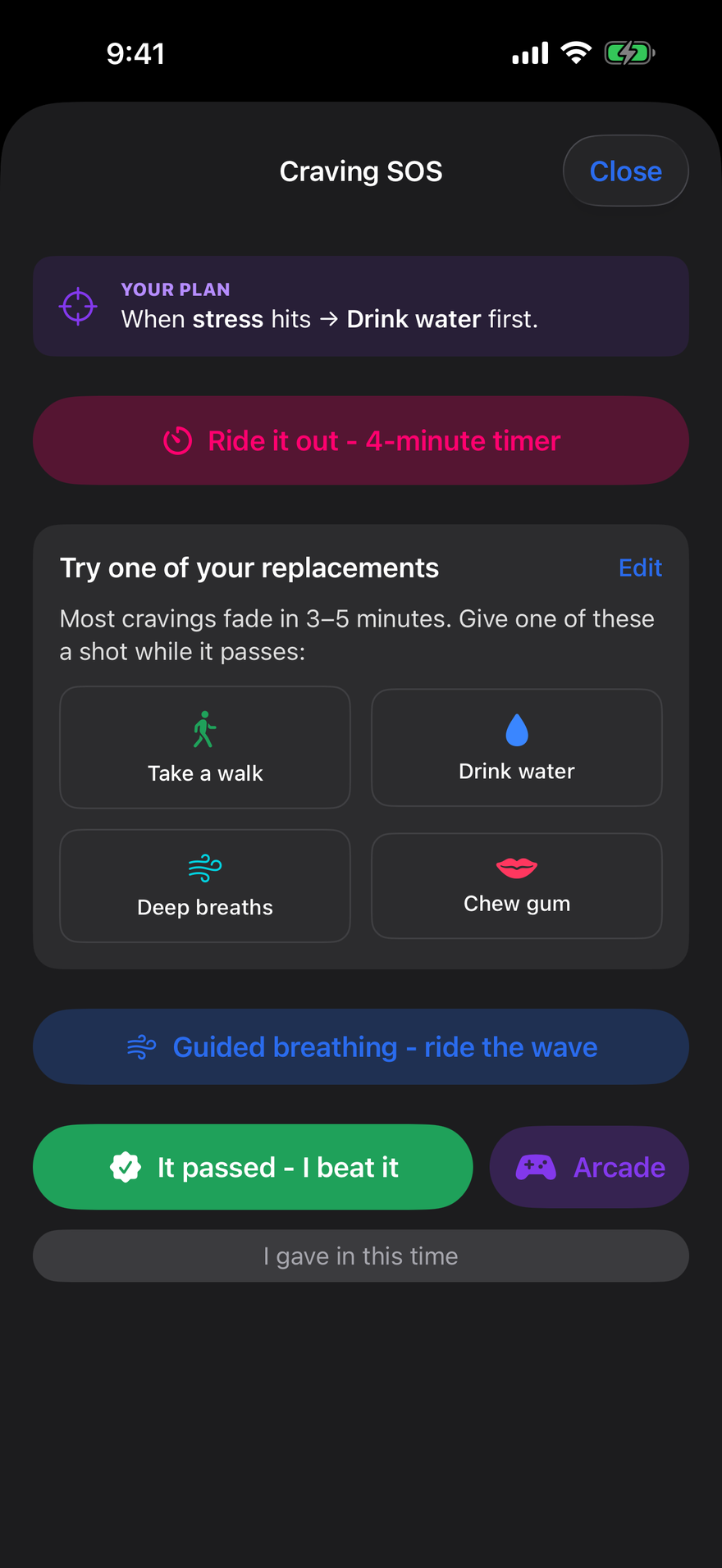 Puff Pacer Craving SOS screen for quitting vaping - a ride-it-out timer, your trigger plan, replacements like a walk, water or deep breaths, guided breathing and the Arcade of mini-games