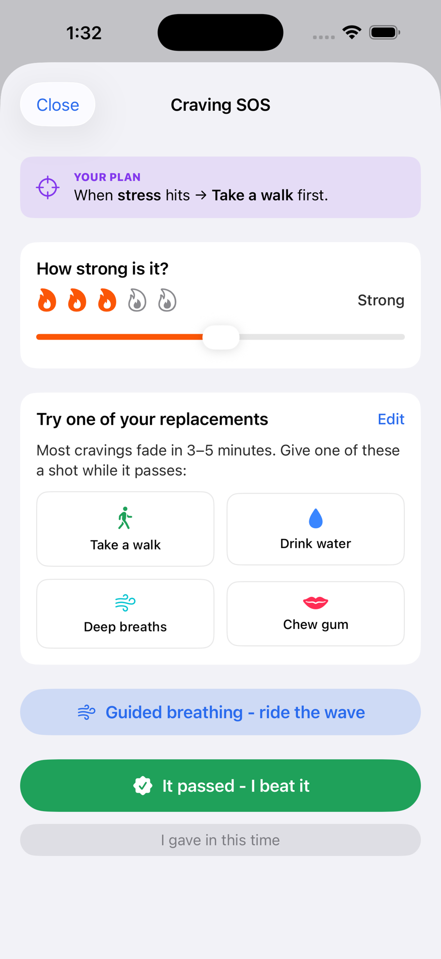 Puff Pacer Craving SOS screen - rate how strong the nicotine pouch craving is, beat it with a replacement like a walk, water, or deep breaths, and log the win