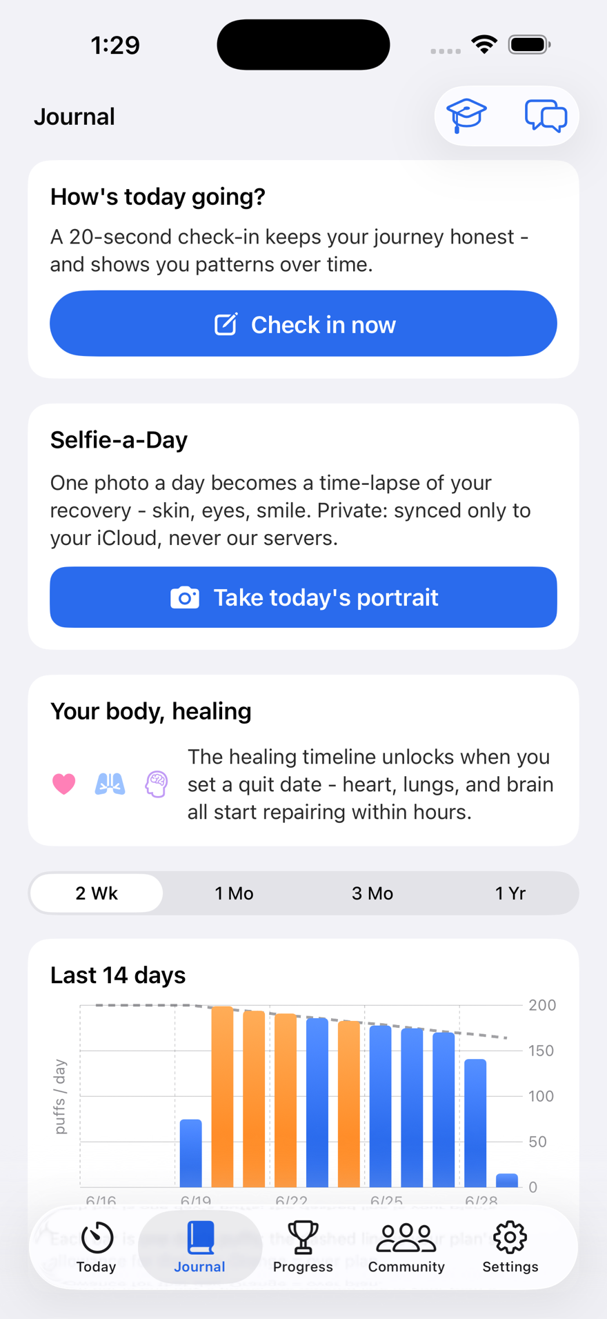 Puff Pacer Journal screen - a 20-second daily check-in, the body-healing timeline, and a falling 14-day nicotine usage chart while quitting Zyn pouches