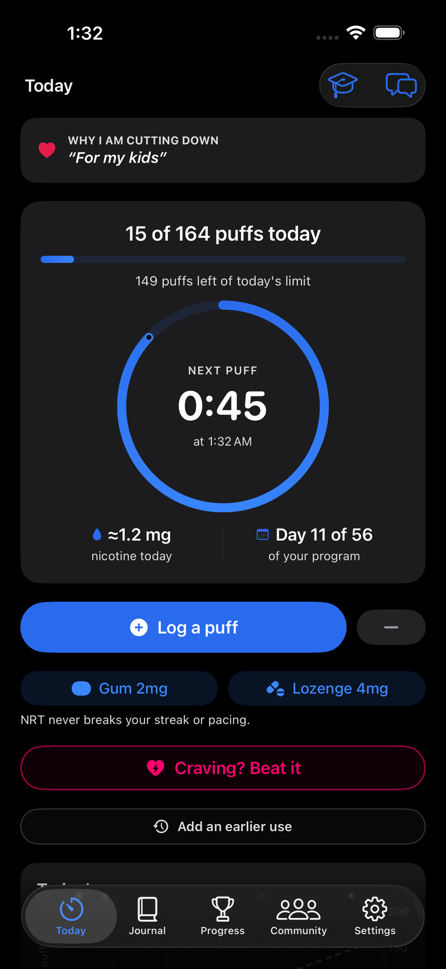 Puff Pacer nicotine pouch taper plan - the Today screen's pacing ring counts down to the next allowed pouch on day 11 of a 56-day cut-back program