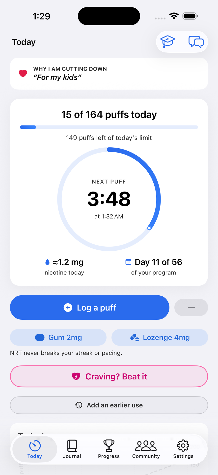 Puff Pacer nicotine pouch taper plan - the Today screen's pacing ring counts down to the next allowed pouch on day 11 of a 56-day cut-back program