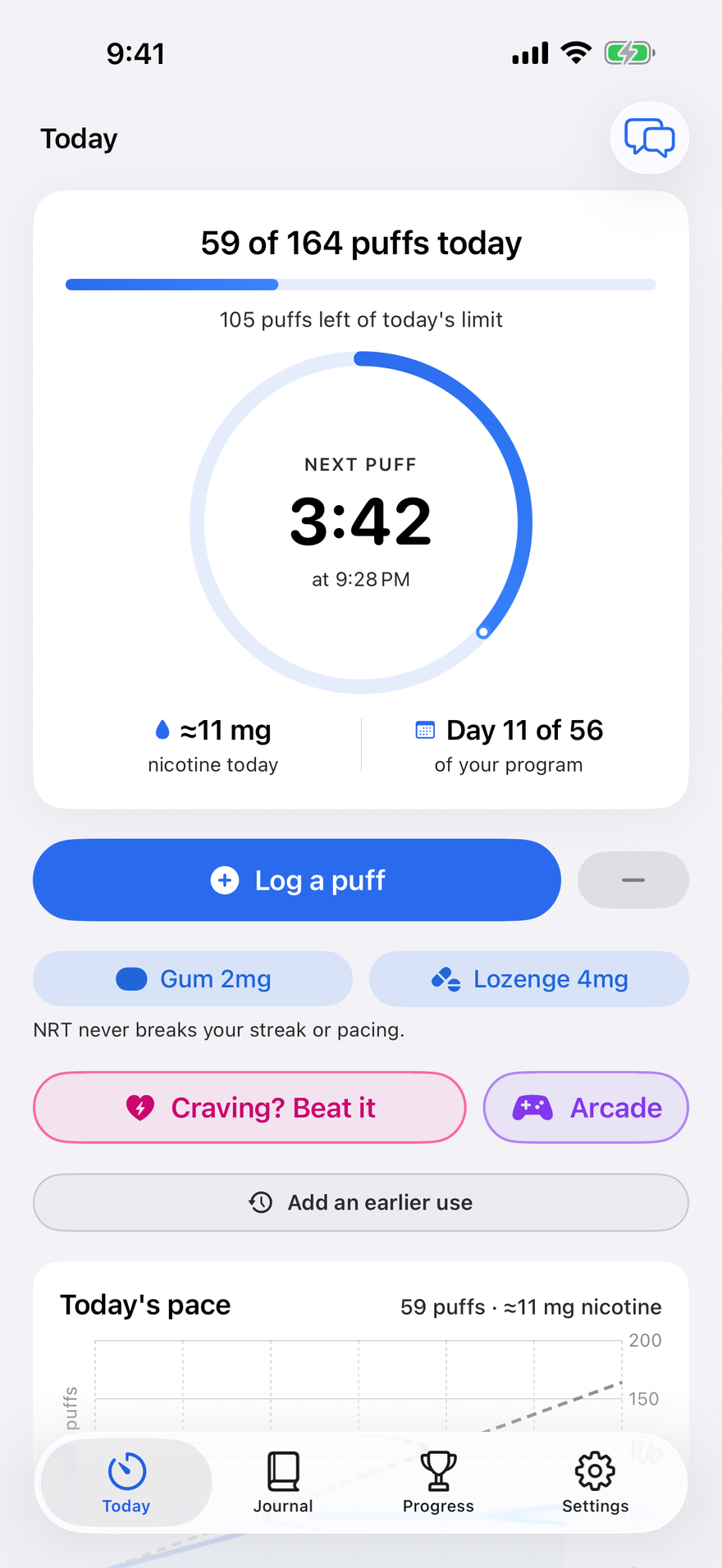 Puff Pacer how to quit vaping - the Today screen's pacing ring counts down to the next puff, with today's puff count and day 11 of a 56-day cut-back plan